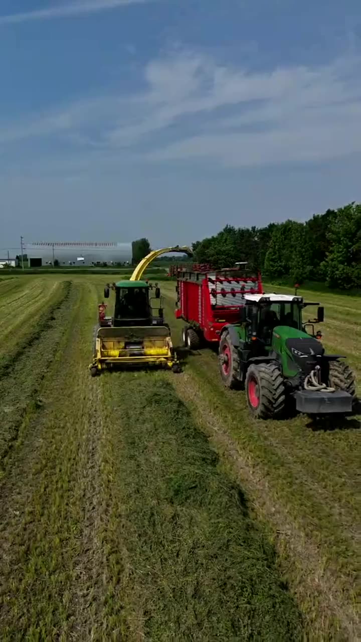 Tracteur Fendt et fourragère pendant l’ensilage, vue de drone
